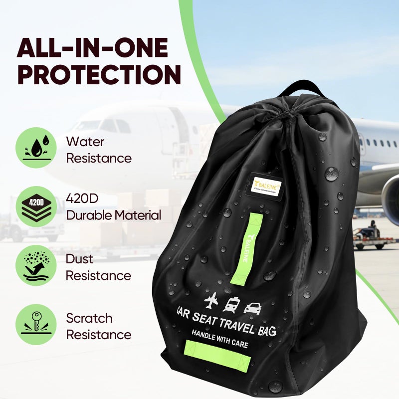 BALEINE Car Seat Travel Bag for Airplane, Water-Resistant Car Seat Bags for Air Travel, Foldable Cover with 3 Handles, Fits Toddler Carseat, Convertible and Booster Seats (Black) - Image 4