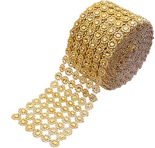 YYaaloa Crafts Faux Diamond Bling Wrap 4" x 10 Yards 6 Rows Gold Flower Pattern Faux Rhinestone Crystal Mesh Ribbon Roll for Wedding, Party, Centerpiece, Cake, Vase Sparkling Decoration (Gold) - Image 1