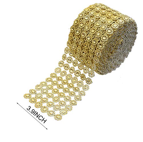 YYaaloa Crafts Faux Diamond Bling Wrap 4" x 10 Yards 6 Rows Gold Flower Pattern Faux Rhinestone Crystal Mesh Ribbon Roll for Wedding, Party, Centerpiece, Cake, Vase Sparkling Decoration (Gold) - Image 3