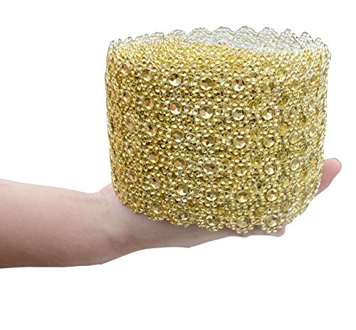 YYaaloa Crafts Faux Diamond Bling Wrap 4" x 10 Yards 6 Rows Gold Flower Pattern Faux Rhinestone Crystal Mesh Ribbon Roll for Wedding, Party, Centerpiece, Cake, Vase Sparkling Decoration (Gold) - Image 4