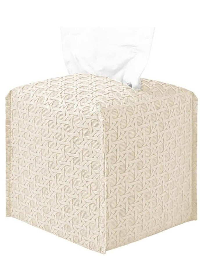 Square Tissue Box Holder with Bottom Strip - PU Leather Decorative Storage Box for Desktop, Bathroom, Car, Office | Beige 
