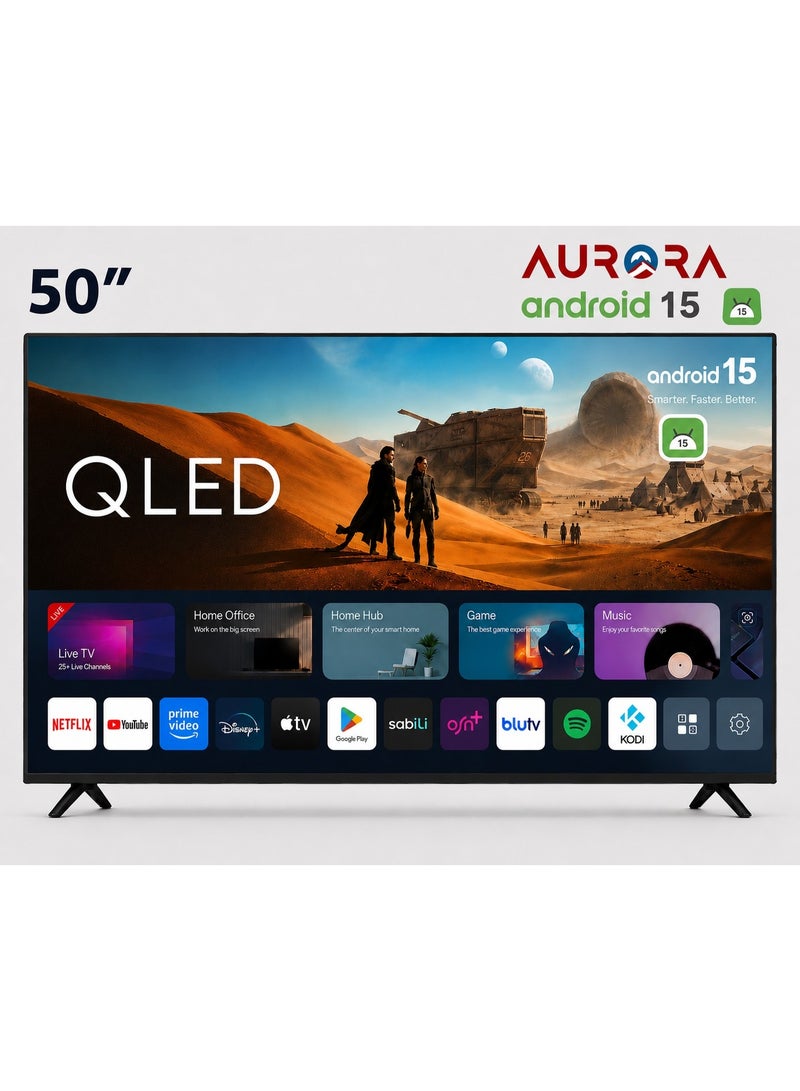 AURORA 50 Inch QLED Smart TV, Full HD 1920x1080, Android 14, 60Hz, Wi-Fi, Screen Casting, 3 HDMI, 2 USB, HDMI ARC/eARC, 50" AR-50LPSQ