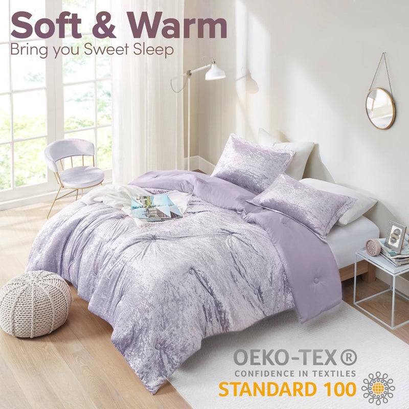 Comfort Spaces Juliette Purple Comforter Set Velvet Lush with Soft Brushed Microfiber Reverse, All Season Cozy Velvet Lavender Bedding Sets, Fluffy Comforter Bed Set, Matching Sham, Full/Queen 3 Piece - Image 2