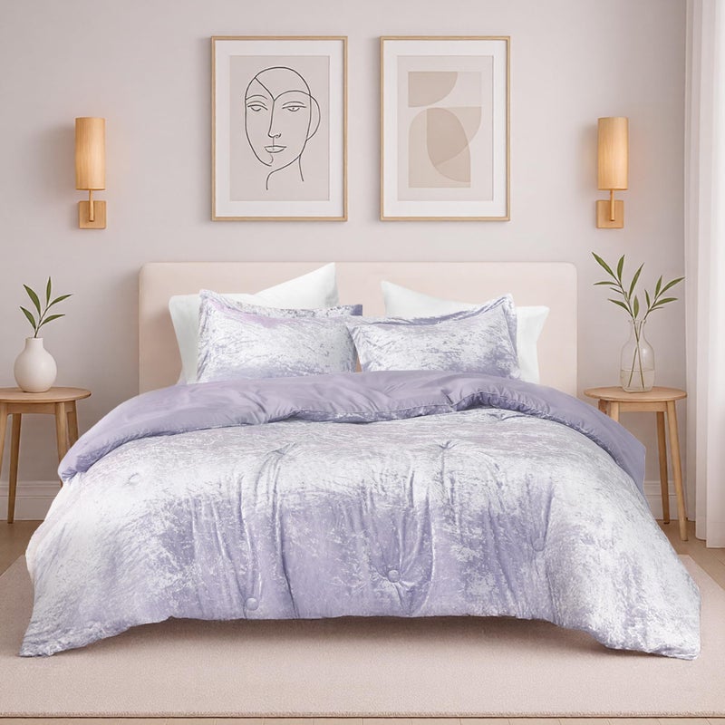 Comfort Spaces Juliette Purple Comforter Set Velvet Lush with Soft Brushed Microfiber Reverse, All Season Cozy Velvet Lavender Bedding Sets, Fluffy Comforter Bed Set, Matching Sham, Full/Queen 3 Piece - Image 1