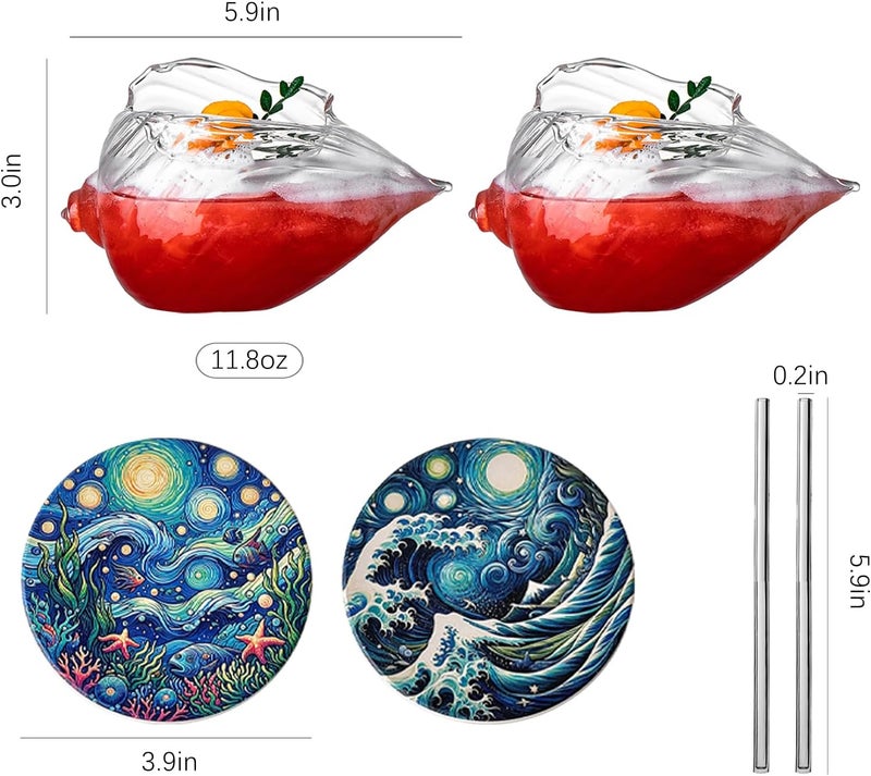 USEEKRIL Shell Cocktail Glasses Set of 2,11.8OZ Creative Tiki Glasses with Ocean Coasters,Potpourri Bowl Suit for Sea Shell Holder Themed Bars Seaside Parties,Home Bar,Juice,Wine and Gift - Image 2