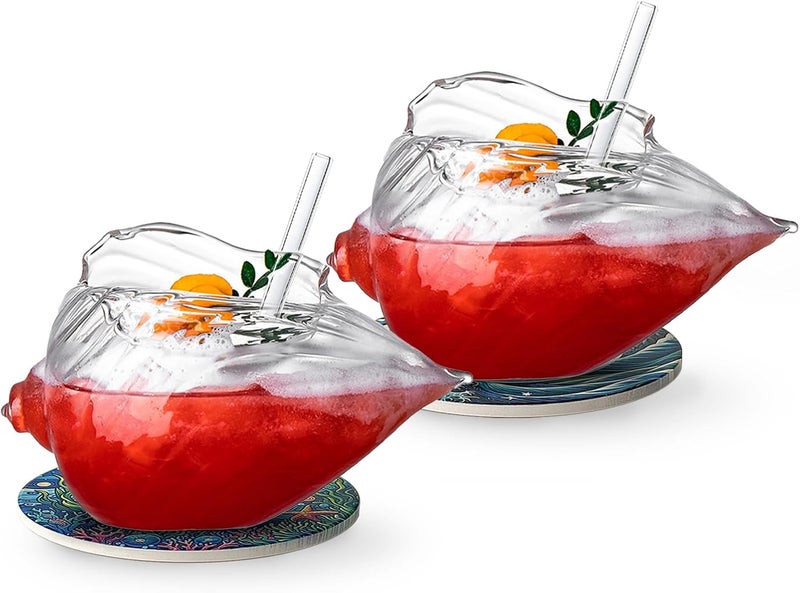 USEEKRIL Shell Cocktail Glasses Set of 2,11.8OZ Creative Tiki Glasses with Ocean Coasters,Potpourri Bowl Suit for Sea Shell Holder Themed Bars Seaside Parties,Home Bar,Juice,Wine and Gift - Image 1