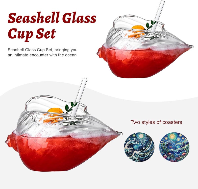 USEEKRIL Shell Cocktail Glasses Set of 2,11.8OZ Creative Tiki Glasses with Ocean Coasters,Potpourri Bowl Suit for Sea Shell Holder Themed Bars Seaside Parties,Home Bar,Juice,Wine and Gift - Image 3