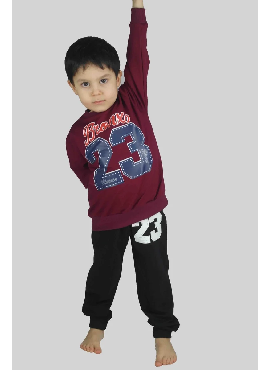 Bluence Boy's Printed Claret Red Cotton Tracksuit Set