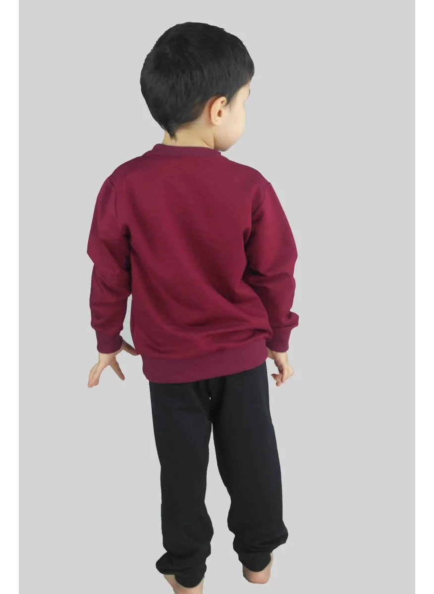 Bluence Boy's Printed Claret Red Cotton Tracksuit Set