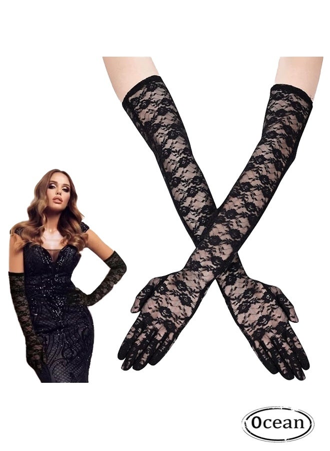 JS Lace Gloves, Long Opera Gloves Elbow Length for Women, Party Dress Costume Floral Prom Gloves Wedding, Black ﻿ - Image 1