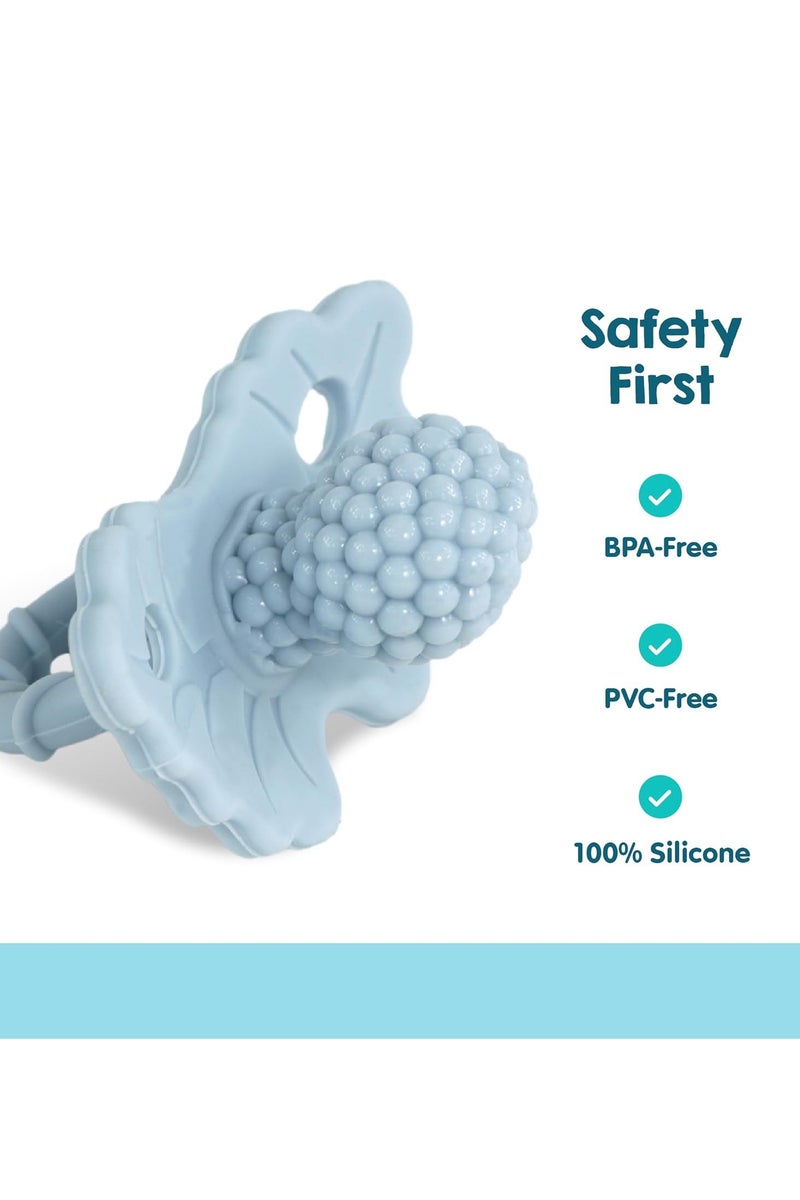 عام مضغوطة سيليكونية لتخفيف آلام التسنين عند الرضع، خالية من مادة BPA، تصميم يتيح استخدام اليدين بحرية، بنكهة التوت الطبيعية لتنمية الحواس، قابلة للتجميد. - Image 4