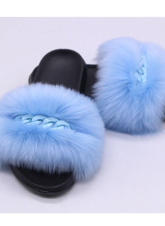 Loquat Stylish Women Faux Fur Open Toe Flat Color Chain Slippers 