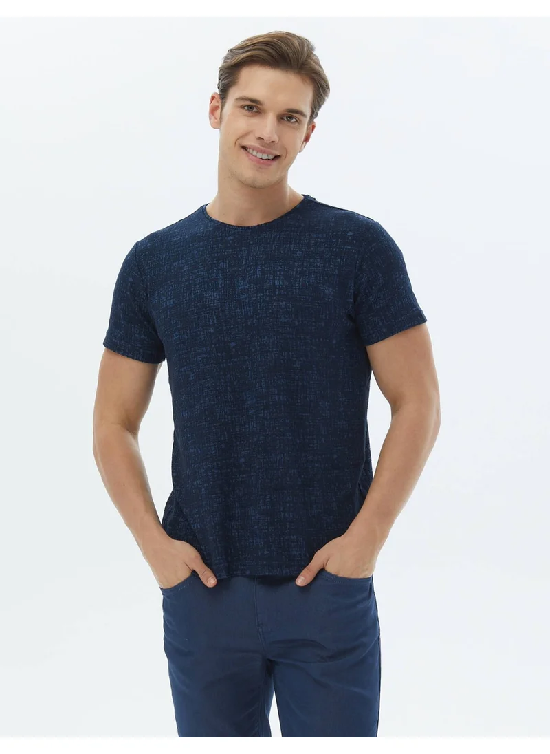 Kip Navy Blue Jacquard Crew Neck Cotton Blend T-Shirt