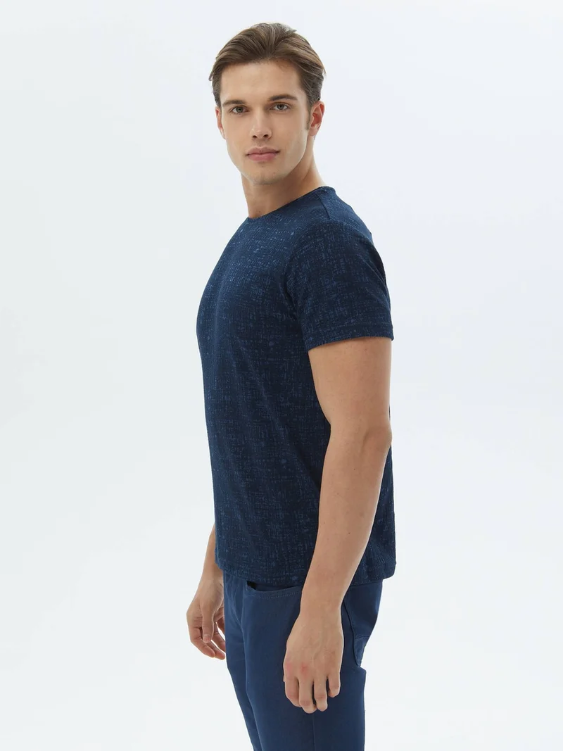 كيب Navy Blue Jacquard Crew Neck Cotton Blend T-Shirt