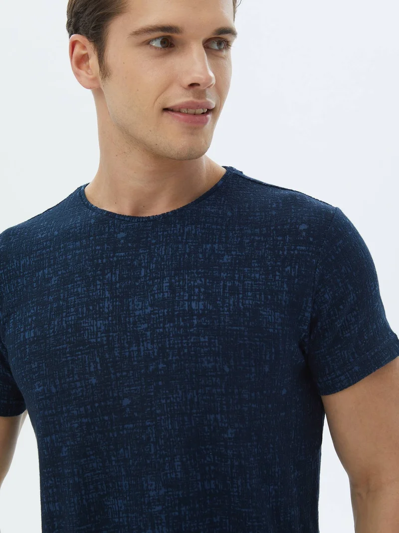 كيب Navy Blue Jacquard Crew Neck Cotton Blend T-Shirt