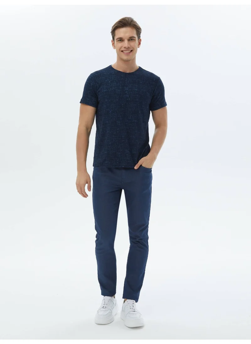 Kip Navy Blue Jacquard Crew Neck Cotton Blend T-Shirt