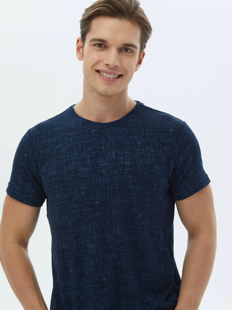 كيب Navy Blue Jacquard Crew Neck Cotton Blend T-Shirt