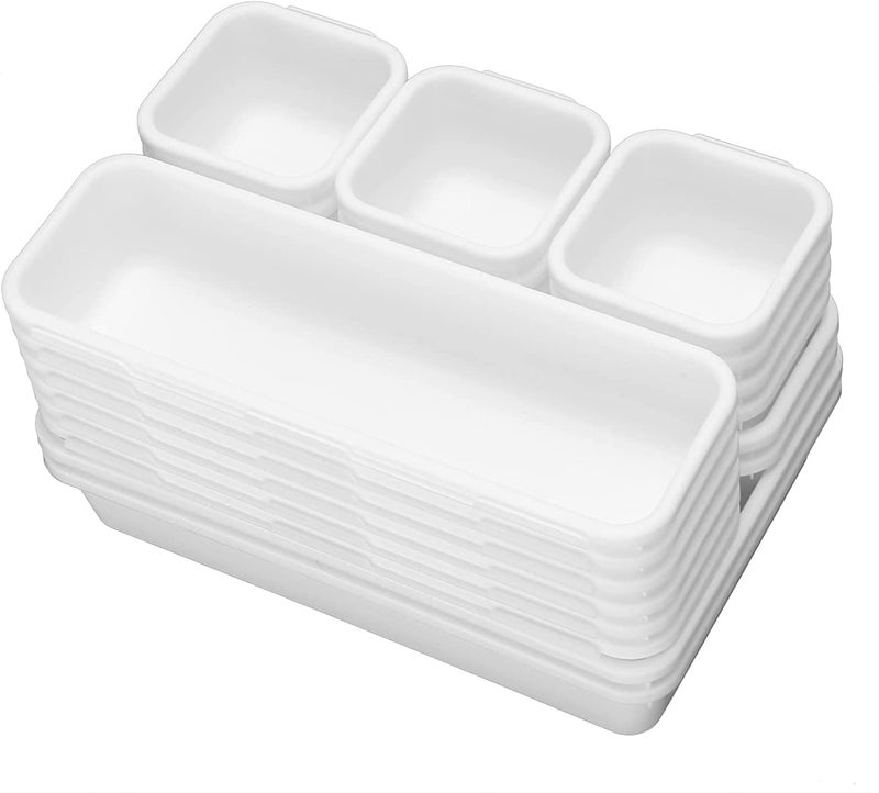 JUZR 15 Pack Interlocking Drawer Organizers Storage Bins Bathroom Office Kitchen Organization Containers for Organizing Multiple Sizes White - Image 1