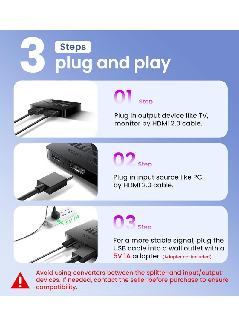 avedio links HDMI Splitter 1 in 2 Out【with 4ft HDMI Cable 】 4K HDMI avedio links HDMI Splitter 1 in 2 Out【with 4ft HDMI Cable 】 4K HDMI Splitter for Dual Monitors Duplicate/Mirror OnlySplitter for Dual Monitors Duplicate/Mirror Only - Image 3