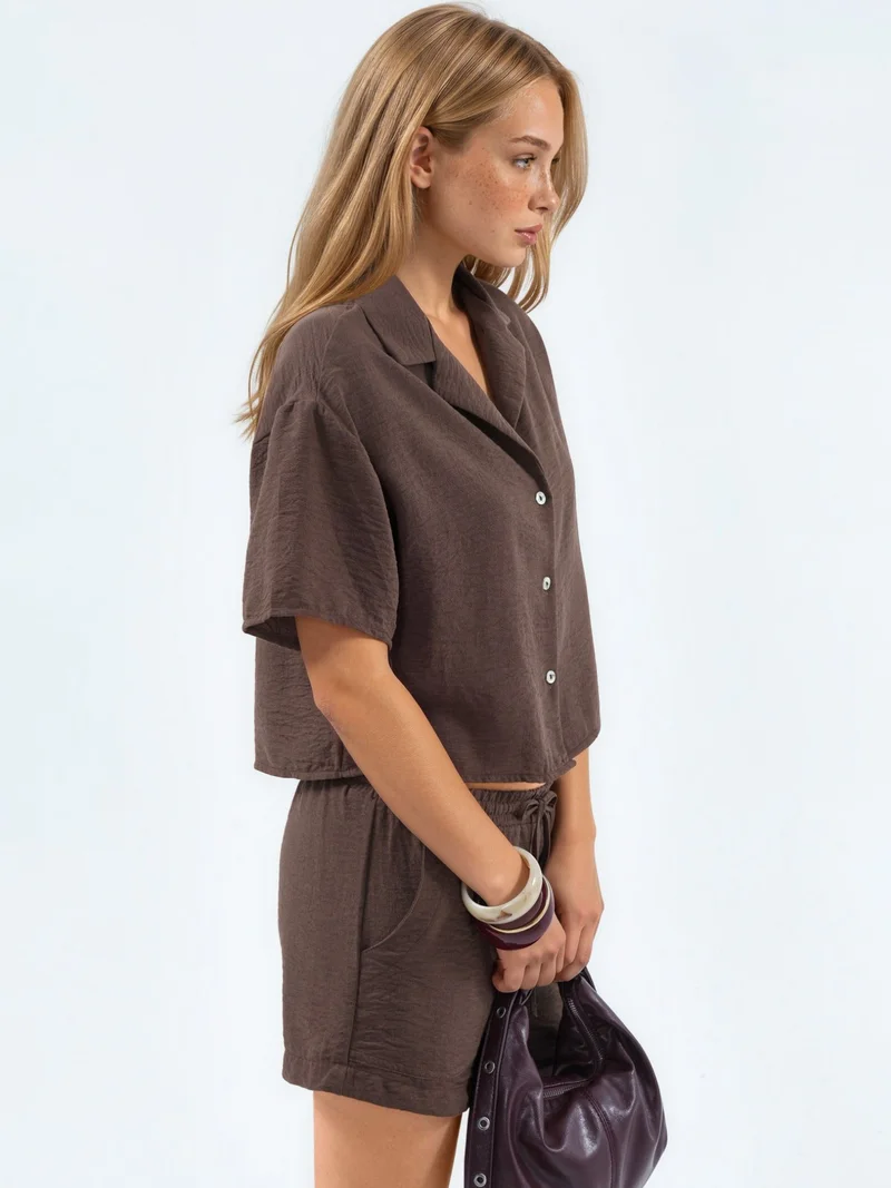 بوسيم BUSEM Textured Crop Shirt with Button Closure