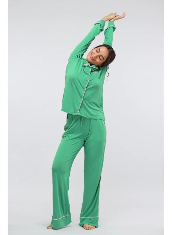 NeceSera Green Bee Piping Full Sleeve Modal Pajama Set