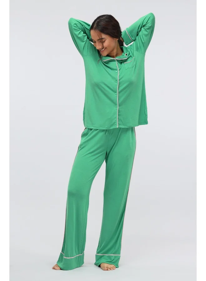 NeceSera Green Bee Piping Full Sleeve Modal Pajama Set