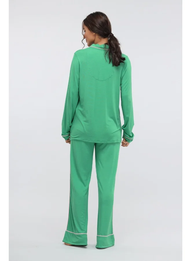 NeceSera Green Bee Piping Full Sleeve Modal Pajama Set