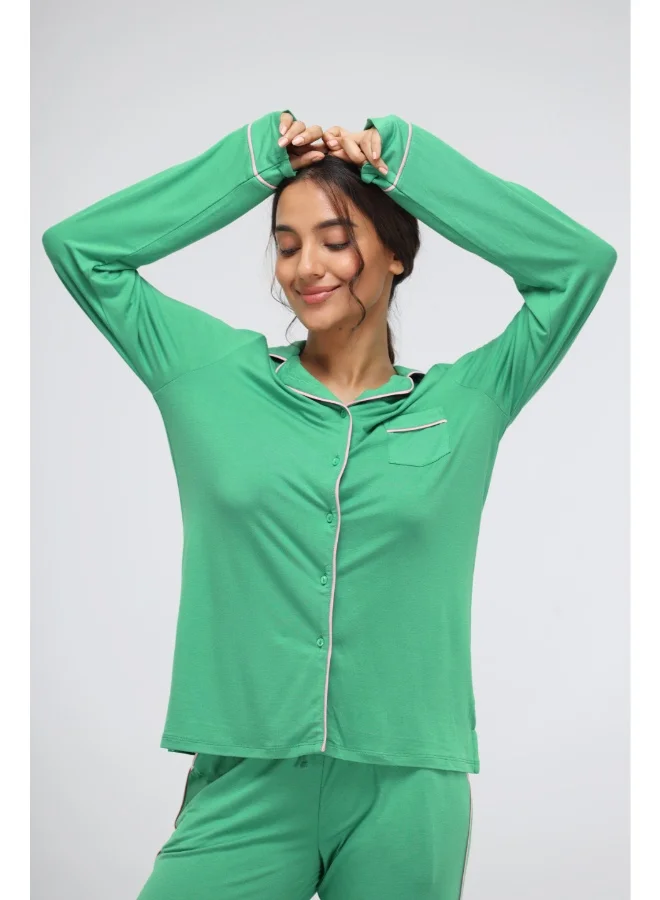 NeceSera Green Bee Piping Full Sleeve Modal Pajama Set