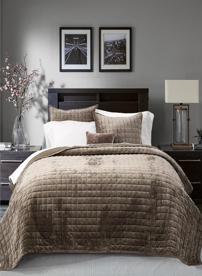 RECYCO Luxury Velvet Quilt Set Twin/Twin XL Size Bedding Sets, Ultra Soft Velvet Comforter Set, Lightweight Channel Box Stitch Oversized Bedspread Coverlet for All Season, with 1 Sham, Dune Brown - Image 3