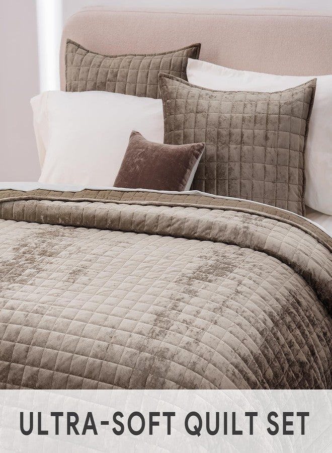 RECYCO Luxury Velvet Quilt Set Twin/Twin XL Size Bedding Sets, Ultra Soft Velvet Comforter Set, Lightweight Channel Box Stitch Oversized Bedspread Coverlet for All Season, with 1 Sham, Dune Brown - Image 4