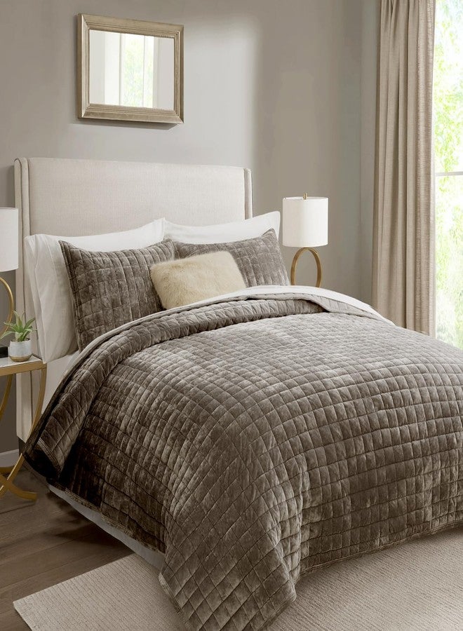 RECYCO Luxury Velvet Quilt Set Twin/Twin XL Size Bedding Sets, Ultra Soft Velvet Comforter Set, Lightweight Channel Box Stitch Oversized Bedspread Coverlet for All Season, with 1 Sham, Dune Brown - Image 2