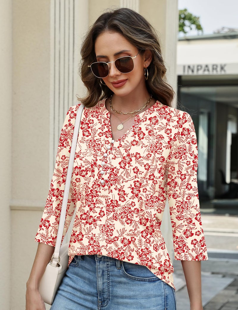 LUYAA 3 4 Sleeve Tops for Women Trendy Womens Button Down Shirt Flowy Tops for Women Summer Clothes Blouses for Women Dressy Casual Apricot Red Floral L - Image 4