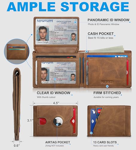 miyozi AirTag Wallet for Men Slim Leather Bifold with Holder Slot 2 ID Windows 13 Card Slots RFID Blocking Front Pocket Wallet with Gift Box - Image 3