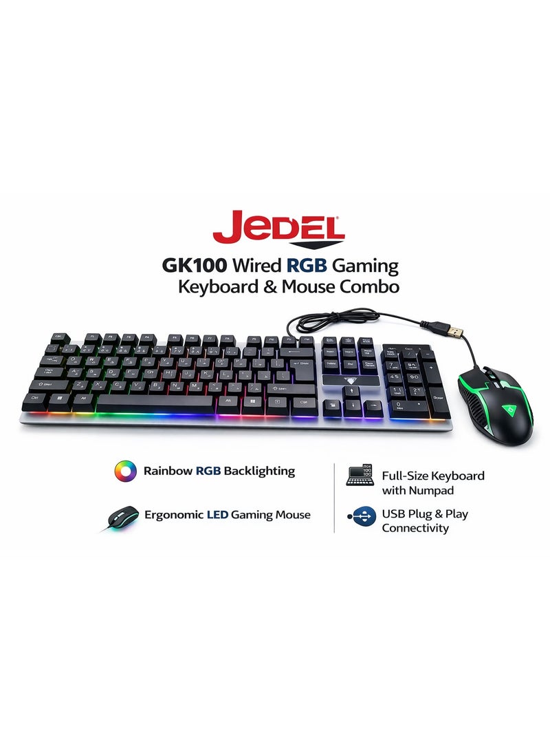 Jedel GK100 Wired RGB Gaming Keyboard & Mouse Combo | Full-Size Backlit Keyboard with Numeric Keypad + LED Optical Mouse | USB Plug & Play - Image 1