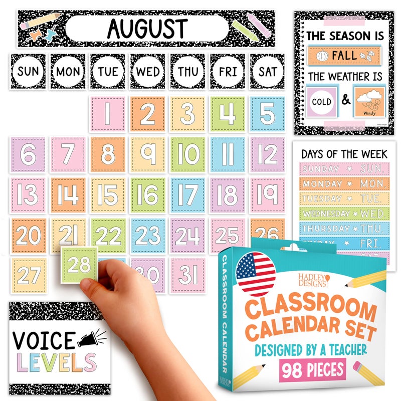 Hadley Designs Classroom Calendar Set Bulletin Board Decorations - School Calendar for Classroom Elementary, Preschool Must Haves, Homeschool & Daycare Essentials, Teacher Calendars - Image 1