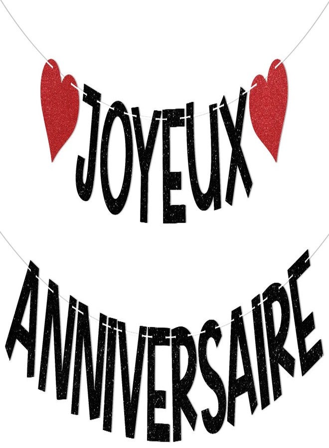 Ramciyo Joyeux Anniversaire Banner - French Birthday Party Decorations, Happy Birthday Banner Black Glitter - Image 1