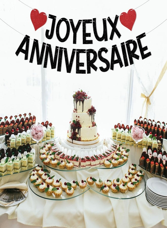 Ramciyo Joyeux Anniversaire Banner - French Birthday Party Decorations, Happy Birthday Banner Black Glitter - Image 4