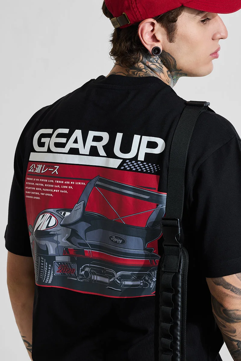 SNITCH Gear Up Black Graphic Print Oversized Fit T-Shirt