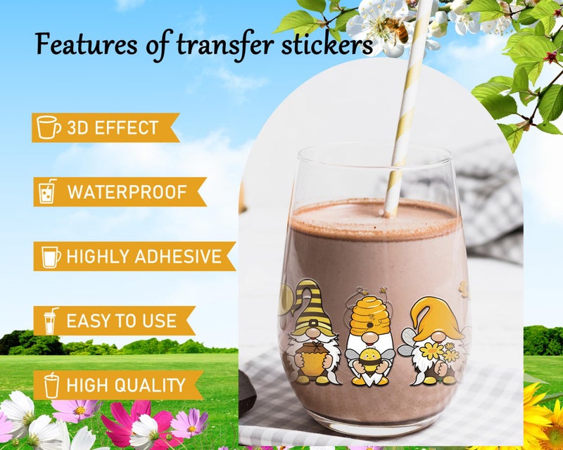 Rngmsi UV DTF Cup Wrap - 8 Sheets Bee UV DTF Cup Wraps for 16 oz, Honeycomb Butterfly Gnomes Uvdtf Stickers, Waterproof Dragonfly Rub on Transfer Decals for Glass, DIY Wood Crafts - Image 5
