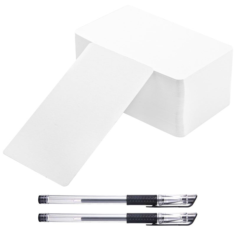 200 Pcs Blank Kraft Paper Cards with 2 Pens 3.5 x 2.1 inch, Small Note Card White Printable Blank Business Cards Name Cards for Learning Study DIY Gift Tags Vocabulary Thanksgiving Index Notes