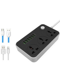 VMK GLOBAL VMK GLOBAL Extension Cord with 6 USB Slots, 3-Way Plug Extension Socket, UK 3-Pin Power Strip, Heavy Duty Universal Travel Adapter with Surge Protector for Home & Office (Black)  - Image 1