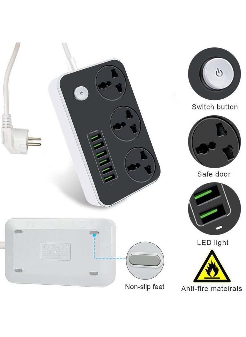 VMK GLOBAL - VMK GLOBAL Extension Cord with 6 USB Slots, 3-Way Plug Extension Socket, UK 3-Pin Power Strip, Heavy Duty Universal Travel Adapter with Surge Protector for Home & Office (Black) - Image 1