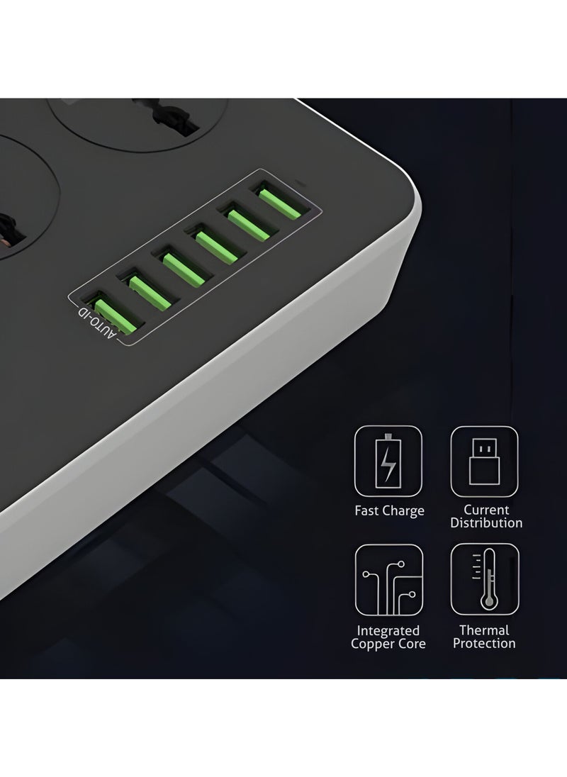 VMK GLOBAL - VMK GLOBAL Extension Cord with 6 USB Slots, 3-Way Plug Extension Socket, UK 3-Pin Power Strip, Heavy Duty Universal Travel Adapter with Surge Protector for Home & Office (Black) - Image 1