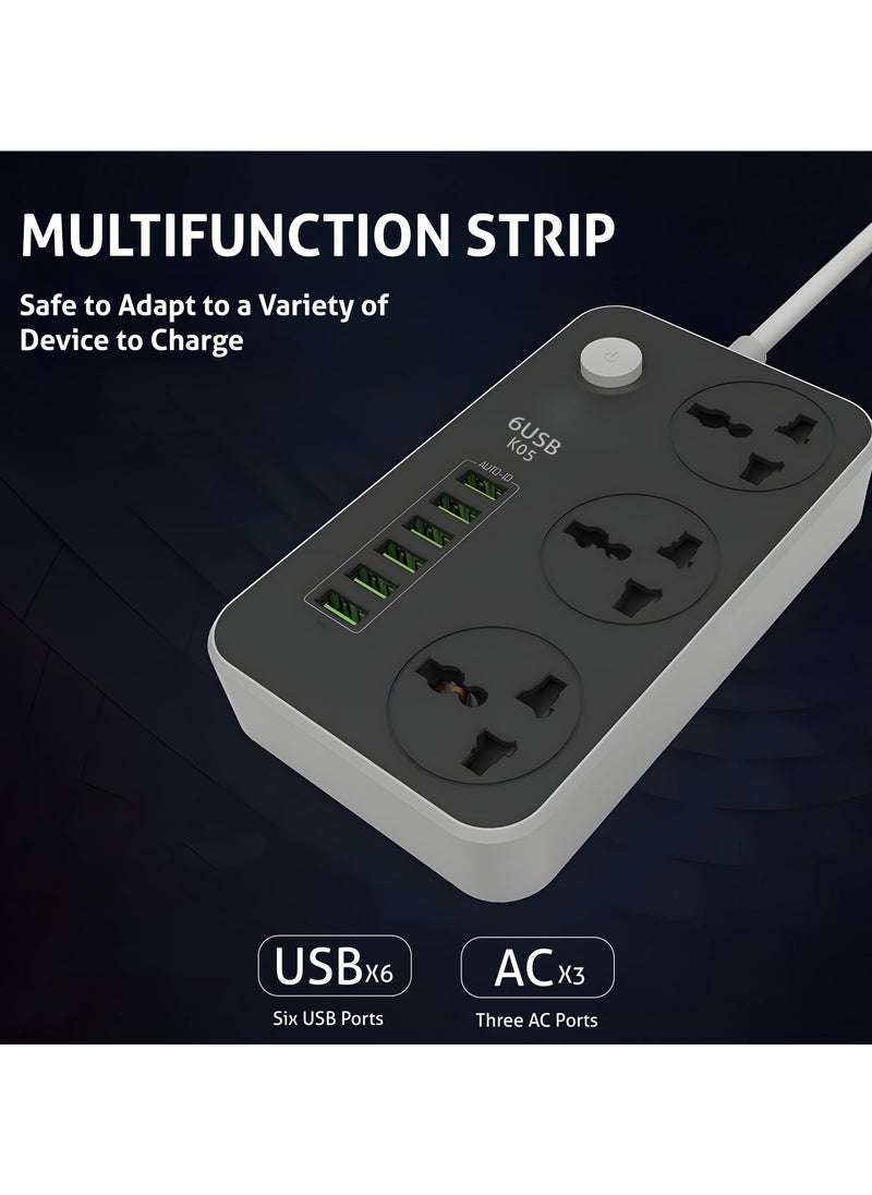VMK GLOBAL - VMK GLOBAL Extension Cord with 6 USB Slots, 3-Way Plug Extension Socket, UK 3-Pin Power Strip, Heavy Duty Universal Travel Adapter with Surge Protector for Home & Office (Black) - Image 1