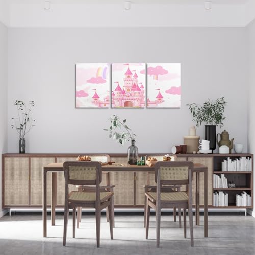 Feelyou Pink Castle Picture Wall Decor Rainbow Castle Canvas Wall Art for Living Room Bedroom Girls Princess Bathroom Wall Art for Home Decor Fairy Tales Wall Painting Girls 12 x 16 3 Piece - Image 3