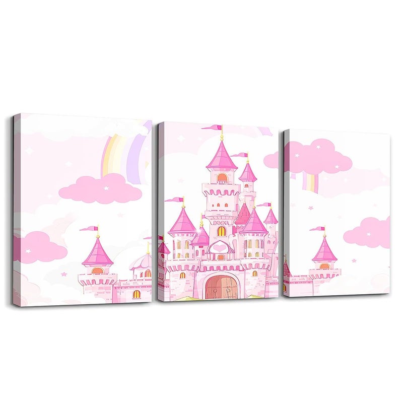 Feelyou Pink Castle Picture Wall Decor Rainbow Castle Canvas Wall Art for Living Room Bedroom Girls Princess Bathroom Wall Art for Home Decor Fairy Tales Wall Painting Girls 12 x 16 3 Piece - Image 2