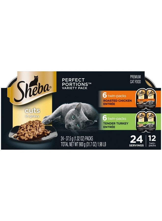 شيبا أطباق طعام القطط البالغة المبللة Perfect Portions Cuts In Gravy (12 قطعة، 24 وجبة)، طبق رئيسي من الدجاج المشوي والديك الرومي الطري، صينية سهلة التقشير في عبوتين - Image 1