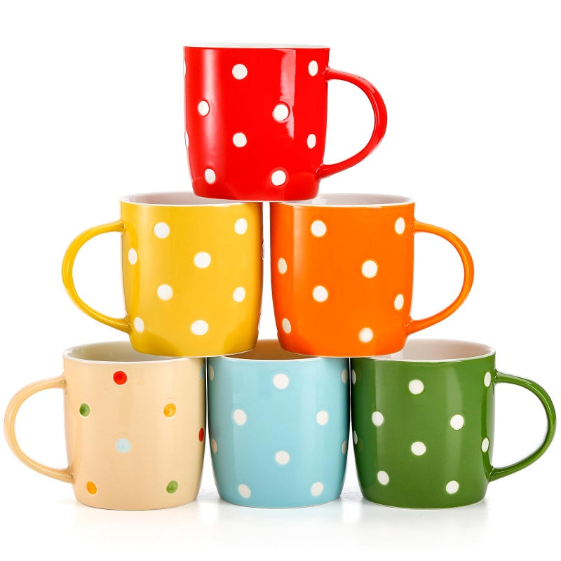 Elsjoy 6 Pack Polka Dot Coffee Mugs 12 Oz Ceramic Coffee Mugs Colorful Porcelain Mug Set for Coffee Tea Milk Hot Chocolate