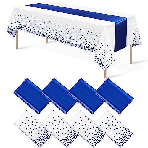 MASHAN 8Pack Disposable Plastic Tablecloths and Satin Table Runner White and Royal Blue Dot Tablecloth Blue Satin Table Runner for Wedding Birthday Baby Shower Anniversary Christmas New Year Party Supplies - Image 1