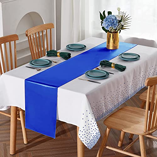 MASHAN 8Pack Disposable Plastic Tablecloths and Satin Table Runner White and Royal Blue Dot Tablecloth Blue Satin Table Runner for Wedding Birthday Baby Shower Anniversary Christmas New Year Party Supplies - Image 4